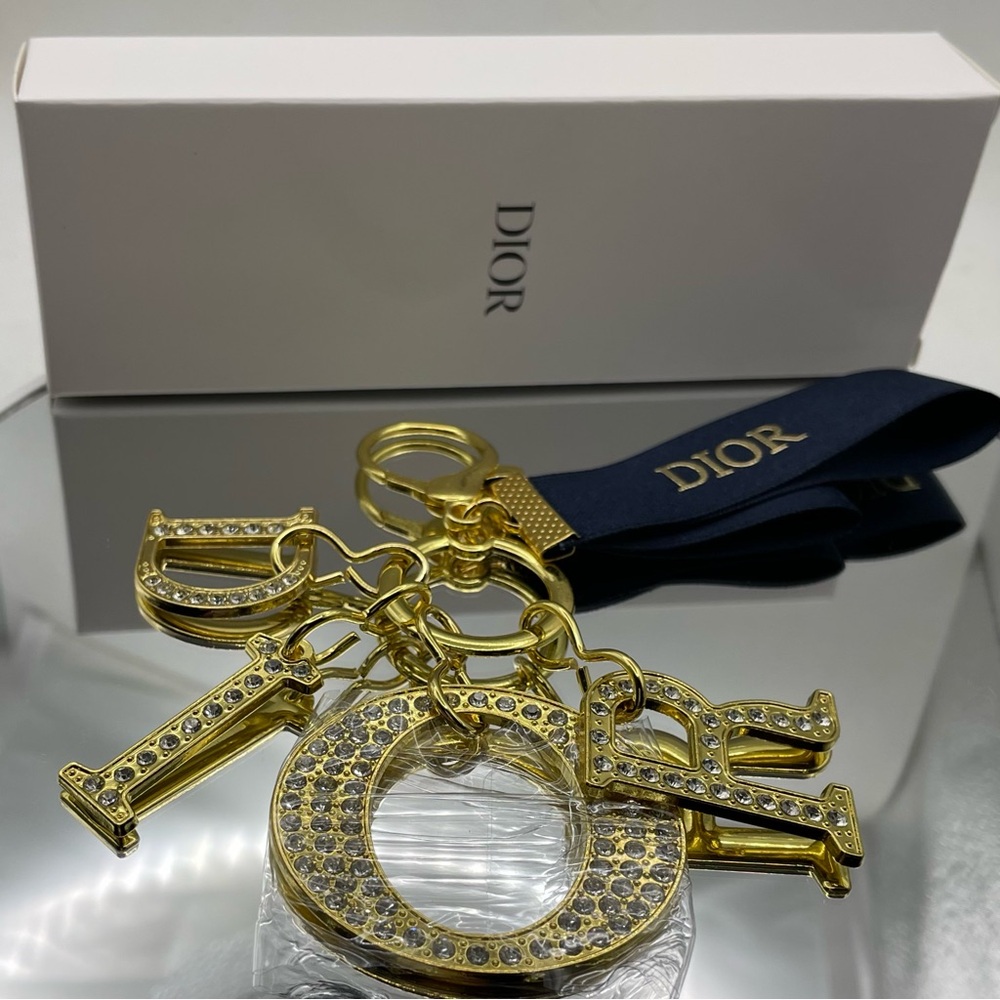 DIOR Gold and Crystal Key Holder Bag Charm New with Dior Box
